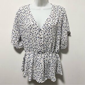 Sienna Sky White and Black Peplum Blouse with Puff Sleeves Size M